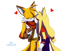 Size: 1216x811 | Tagged: safe, artist:laryjoy, miles "tails" prower, zooey the fox, fox, 2022, blushing, duo, female, heart, kiss, kiss on cheek, male, older, scarf, shipping, simple background, smile, sonic boom (tv), straight, tailsey, white background