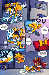 Size: 1001x1540 | Tagged: safe, artist:azureblueworld, fiona fox, miles "tails" prower, nicole the handheld, fox, 2014, biplane, comic, computer, dialogue, duo, english text, female, fiona x tails, fiona's jumpsuit, floating, laughing, male, plane, shipping, speech bubble, straight, sweatdrop, vehicle, working