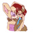 Size: 351x342 | Tagged: safe, artist:crumpet, bunnie rabbot, sally acorn, 2004, bunnally, bunnie x sally, cleavage, deroboticized, duo, floppy ears, kiss, kiss on cheek, lesbian, lidded eyes, looking at each other, mouth open, shipping, simple background, standing, white background