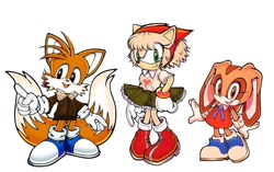 Size: 1080x677 | Tagged: safe, artist:peanutdoodler, editor:peanutdoodler, amy rose, cream the rabbit, miles "tails" prower, 2023, aviator jacket, blue shoes, clothes, cute, dress, edit, headscarf, jacket, redesign, simple background, skirt, standing, trio, white background
