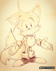 Size: 1584x1993 | Tagged: safe, artist:neostricker, miles "tails" prower, 2022, classic tails, gradient background, looking at viewer, monochrome, smile, solo, standing