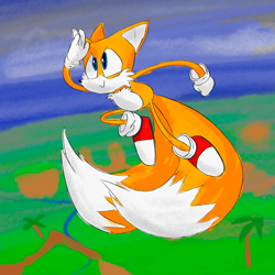 Size: 4000x4000 | Tagged: safe, artist:tyuleninsfd, miles "tails" prower, 2021, :>, abstract background, clenched fist, clouds, grass, looking offscreen, mid-air, outdoors, palm tree, smile, solo