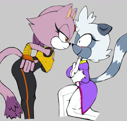 Size: 1325x1258 | Tagged: safe, artist:cakesington, blaze the cat, tangle the lemur, duo, grey background, outfit swap, simple background