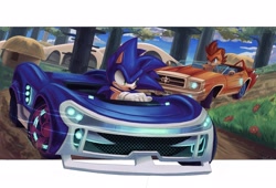 Size: 2048x1394 | Tagged: safe, artist:jadepesky, sally acorn, sonic the hedgehog, chipmunk, hedgehog, 2026, car, daytime, driving, duo, female, ford, ford mustang, knothole, male, racing, sally's vest and boots, sonic racing crossworlds, vehicle