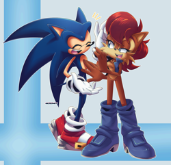 Size: 1779x1712 | Tagged: safe, artist:risziarts, sally acorn, sonic the hedgehog, chipmunk, hedgehog, 2024, duo, female, laughing, male, redraw, sally x sonic, sally's vest and boots, shipping, sonic the hedgehog (archie), straight