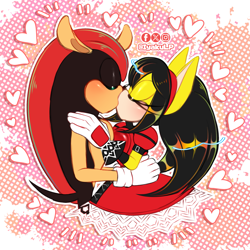Size: 2349x2349 | Tagged: safe, artist:iyakulp, honey the cat, mighty the armadillo, armadillo, cat, 2025, abstract background, blushing, duo, eyes closed, female, heart, holding each other, honey x mighty, kiss, kiss on lips, male, outline, shipping, straight, white outline