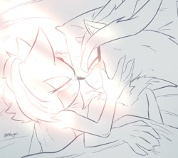 Size: 1363x1215 | Tagged: safe, artist:pdangel_, blaze the cat, silver the hedgehog, cat, hedgehog, 2026, bed, blanket, blushing, duo, female, hand on another's cheek, looking at each other, lying on bed, male, morning, nudity, pillow, shipping, silvaze, straight, waking up