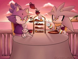 Size: 2048x1536 | Tagged: safe, artist:featherbreeze1, artist:green_0519, blaze the cat, marine the raccoon, silver the hedgehog, cat, hedgehog, raccoon, 2026, alternate outfit, backlighting, cake, chair, clouds, coconut, cup, cupcake, drink, duo focus, evening, female, food, fruit, island, male, outdoors, palm tree, plate, ship, shipping, silvaze, sitting, smile, straight, strawberry, table, tea, telekinesis, trio, vehicle