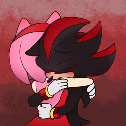 Size: 2048x2048 | Tagged: safe, artist:berryanime-97, amy rose, shadow the hedgehog, hedgehog, 2026, alternate version, amy x shadow, blushing, duo, eyes closed, female, hugging, male, shipping, straight