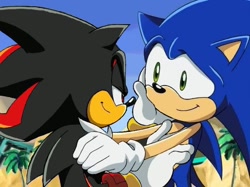 Size: 632x472 | Tagged: safe, shadow the hedgehog, sonic the hedgehog, sonic x, daytime, duo, edit, editor needed, gay, holding each other, looking at each other, outdoors, shadow x sonic, shipping, smile, standing