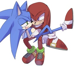 Size: 905x811 | Tagged: safe, artist:emsn_biglove, knuckles the echidna, sonic the hedgehog, 2025, duo, frown, gay, knuxonic, looking at each other, one fang, shipping, simple background, sitting, sitting on them, smile, white background