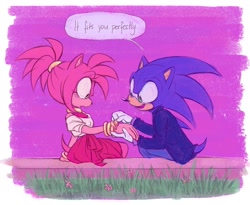 Size: 1200x982 | Tagged: safe, artist:bbanana_leaf, amy rose, sonic the hedgehog, amy x sonic, clothes, dialogue, grass, part of a set, shipping, sitting, speech bubble, straight