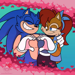 Size: 2000x2000 | Tagged: safe, artist:frenzyferret, sally acorn, sonic the hedgehog, chipmunk, hedgehog, 2026, duo, female, grin, heart, heart hands, male, ponytail, sally x sonic, shipping, smile, straight, valentine's day