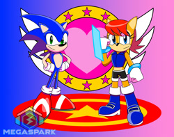 Size: 1504x1188 | Tagged: safe, artist:sparky-x5, sally acorn, sonic the hedgehog, chipmunk, hedgehog, 2026, duo, female, gradient background, hands on hips, heart, looking at viewer, male, sally x sonic, sally's ringblader outfit, shipping, smile, smiling at viewer, straight, valentine's day, watermark
