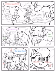 Size: 2550x3300 | Tagged: safe, artist:twincubcakes, bunnie rabbot, dulcy the dragon, sally acorn, sonic the hedgehog, chipmunk, hedgehog, rabbit, 2025, alternate outfit, blushing, bush, comic, cybernetic, daytime, dialogue, dragon, english text, female, male, plant, praising, quartet, sally x sonic, shipping, sketch, speech bubble, straight, tree
