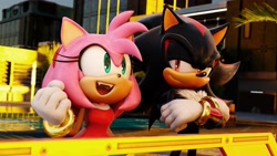 Size: 3840x2160 | Tagged: safe, artist:dokatzo, artist:holopointz3d, artist:hunicrio, artist:tisjustcharlie, amy rose, shadow the hedgehog, hedgehog, 2026, 3d, amy x shadow, blender, building, city, duo, female, male, rooftop, shipping, straight