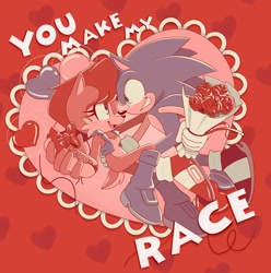 Size: 2032x2048 | Tagged: safe, artist:jadepesky, sally acorn, sonic the hedgehog, chipmunk, hedgehog, 2026, bowtie, chili dog, duo, english text, female, flower, food, heart, holding something, holding them, hot dog, looking at each other, male, rose, sally x sonic, sally's vest and boots, shipping, straight, valentine's day