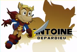 Size: 4096x2731 | Tagged: safe, artist:mistajonz, antoine d'coolette, coyote, 2026, character name, english text, holding something, male, running, solo, sonic satam, sword, weapon