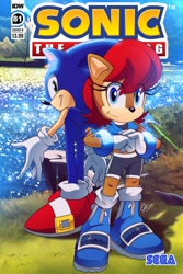 Size: 2731x4096 | Tagged: safe, artist:mistajonz, sally acorn, sonic the hedgehog, chipmunk, hedgehog, 2022, alternate version, cover art, duo, english text, eye clipping through hair, fan cover art, female, grass, looking at viewer, male, nature, outdoors, pose, sally's ringblader outfit, sega logo, sonic the hedgehog (idw), text, water