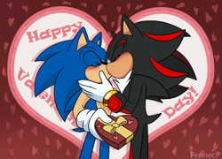 Size: 1280x923 | Tagged: safe, artist:fennecp, shadow the hedgehog, sonic the hedgehog, 2026, blushing, chocolate box, duo, english text, eyes closed, french kiss, gay, hands on another's face, heart, holding something, holding them, kiss, shadow x sonic, shipping, signature, standing, text, valentine's day