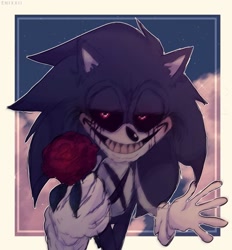 Size: 735x793 | Tagged: safe, artist:enixxii, sonic the hedgehog, oc, oc:lord x, oc:sonic.exe, bleeding, bleeding from eyes, blood, ear fluff, flower, holding something, lidded eyes, outline, rose, scar, sharp teeth, smile, solo, standing, yellow teeth