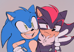 Size: 918x650 | Tagged: safe, artist:sonikku32, shadow the hedgehog, sonic the hedgehog, sonic prime, 2024, arm around shoulders, duo, flat colors, frown, gay, grey background, looking offscreen, redraw, shadow x sonic, shipping, simple background, smile, v sign