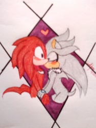 Size: 960x1280 | Tagged: safe, artist:viviyan-kpopgirl, knuckles the echidna, silver the hedgehog, 2014, blushing, duo, eyes closed, gay, gloves off, heart, holding hands, kiss, knuxilver, shipping, signature, standing, surprise kiss, surprised