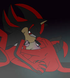 Size: 400x445 | Tagged: suggestive, artist:darkgwd, knuckles the echidna, shadow the hedgehog, 2010, blushing, duo, french kiss, gloves off, gradient background, kiss, knuxadow, lidded eyes, low res, lying down, shipping, tongue out