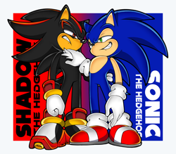 Size: 1600x1400 | Tagged: safe, artist:nowykowski, shadow the hedgehog, sonic the hedgehog, sonic adventure 2, 2020, chest grab, duo, frown, gay, grabbing ass, lidded eyes, looking at each other, shadow x sonic, shipping, smile, standing, style emulation, uekawa style