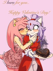 Size: 1535x2048 | Tagged: safe, artist:storyfrvr, amy rose, blaze the cat, 2026, alternate outfit, amy x blaze, blushing, cake, cute, duo, english text, food, holding something, kiss, kiss on cheek, lesbian, plate, purple background, shipping, signature, simple background, smile, smoke, standing, sweatdrop, text, valentine's day