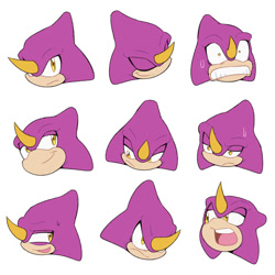 Size: 2000x2000 | Tagged: safe, artist:veeloopz, espio the chameleon, 2026, expression sheet, flat colors, grey background, head only, simple background, solo