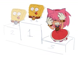 Size: 1489x1110 | Tagged: safe, artist:ikabloom, amy rose, 2026, clenched teeth, crossover, crying, flat colors, frown, hands on own face, medal, meme, self paradox, simple background, smile, snot, sonic racing crossworlds, spongebob squarepants, spongebob squarepants (character), trio, white background