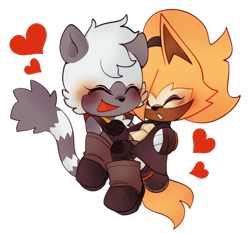 Size: 2047x1907 | Tagged: safe, artist:r0yalstar, tangle the lemur, whisper the wolf, 2026, blushing, cute, duo, eyes closed, heart, lesbian, shipping, simple background, smile, tangabetes, tangle x whisper, transparent background, whispabetes