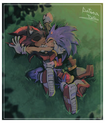 Size: 1318x1544 | Tagged: safe, artist:dotanadots, shadow the hedgehog, sonic the hedgehog, 2026, border, cute, duo, gay, grass, hugging, licking, licking face, lying down, redraw, shadow x sonic, shadowbetes, shipping, signature, sonabetes, tongue out, treads, wagging tail