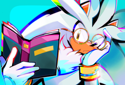 Size: 2048x1400 | Tagged: safe, artist:kuroiyuki96, silver the hedgehog, 2026, book, frown, glasses, head rest, holding something, looking at something, reading, solo