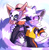 Size: 1908x1931 | Tagged: safe, artist:frostspeak, tangle the lemur, whisper the wolf, 2026, :3, arm around shoulders, cute, duo, eyes closed, looking at them, one fang, smile, standing, tangabetes, tangle's running suit, whispabetes, wink