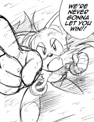 Size: 1365x1767 | Tagged: safe, artist:chronocrump, miles "tails" prower, sonic the hedgehog 2, 2026, angry, classic tails, crying, dialogue, english text, from above, line art, looking up, monochrome, mouth open, one fang, pointing, simple background, sketch, solo, speech bubble, standing, tears, tears of anger, text, white background, yelling