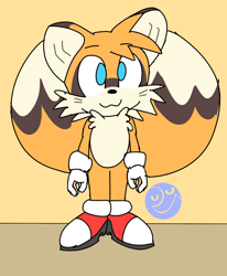 Size: 1756x2133 | Tagged: safe, artist:stanime_, miles "tails" prower, :3, cute, flat colors, front view, fur markings, looking offscreen, no pupils, redesign, simplistic background, smile, solo, standing, tailabetes