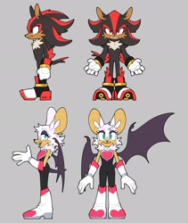 Size: 1730x2048 | Tagged: safe, artist:8xenon8, artist:shadails, rouge the bat, shadow the hedgehog, 2021, arm fluff, duo, ear fluff, eyelashes, flat colors, frown, grey background, leg fluff, looking at viewer, looking offscreen, redesign, redraw, simple background, smile, standing