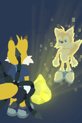 Size: 1200x1800 | Tagged: safe, miles "tails" prower, nine, fox, sonic prime, anonymous artist, blue shoes, crystal, duo, duo male, from behind, glowing, looking at each other, looking at them, male, paradox prism, self paradox, simple background