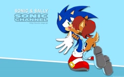 Size: 1920x1200 | Tagged: safe, artist:pensforpenc1ls, sally acorn, sonic the hedgehog, chipmunk, hedgehog, 2025, duo, english text, female, hugging, male, sally x sonic, sally's vest and boots, shipping, sonic channel, sonic channel wallpaper style, straight