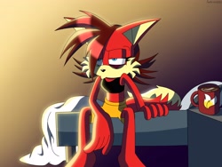 Size: 4000x3000 | Tagged: safe, artist:fartist2020, fiona fox, bed, drink, female, gradient background, looking offscreen, mug, sitting, solo, tired