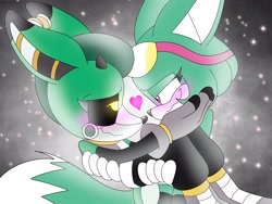 Size: 4000x3000 | Tagged: safe, artist:fartist2020, cassia the pronghorn, sonar the fennec, abstract background, black sclera, blushing, carrying them, cassia x sonar, duo, heart, lesbian, looking at each other, shipping, side view, smile, smiling at each other