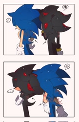 Size: 1329x2048 | Tagged: safe, artist:tamjeong_sonic, shadow the hedgehog, sonic the hedgehog, 2025, arms folded, arrow, cross popping vein, duo, eyes closed, from behind, gay, lidded eyes, scratch (injury), shadow x sonic, shipping, simple background, standing, white background