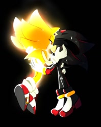 Size: 972x1228 | Tagged: safe, artist:tamjeong_sonic, shadow the hedgehog, sonic the hedgehog, super sonic, 2025, black background, blindfold, duo, gay, hugging, kiss, lidded eyes, shadow x sonic, shipping, simple background, super form