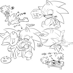 Size: 2000x2000 | Tagged: safe, artist:tamjeong_sonic, shadow the hedgehog, sonic the hedgehog, 2025, arrow, blushing, comic, drunk, duo, eyes closed, food, gay, korean text, lidded eyes, looking at them, lying down, monochrome, shadow x sonic, shipping, simple background, sketch, sleeping, speech bubble, standing, table, white background, zzz