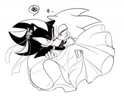 Size: 1468x1152 | Tagged: safe, artist:tamjeong_sonic, shadow the hedgehog, sonic the hedgehog, 2025, carrying them, crossdressing, dress, duo, gay, greyscale, grin, lidded eyes, looking at them, monochrome, shadow x sonic, shipping, simple background, smile, white background