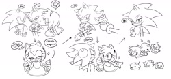 Size: 2048x949 | Tagged: safe, artist:tamjeong_sonic, amy rose, shadow the hedgehog, sonic the hedgehog, 2025, amy x shadow x sonic, arrow, blushing, comic, eating, english text, food, greyscale, holding something, ice cream, lidded eyes, looking at each other, looking at them, monochrome, polyamory, shipping, simple background, smile, speech bubble, squiggle, trio, white background