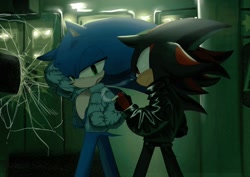 Size: 1024x727 | Tagged: safe, artist:tamjeong_sonic, shadow the hedgehog, sonic the hedgehog, 2025, cigarette, duo, hand in pocket, holding something, jacket, lidded eyes, looking at them, smoke, smoking, standing