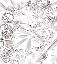 Size: 1830x2048 | Tagged: safe, artist:tamjeong_sonic, sonic the hedgehog, 2025, barefoot, blanket, bouquet, eyes closed, fishing pole, flower, food, gift, gift box, grapes, greyscale, headphones, kunai knife, lying down, lying on side, monochrome, pawpads, scarf, sick, sleeping, solo, thermometer, weapon